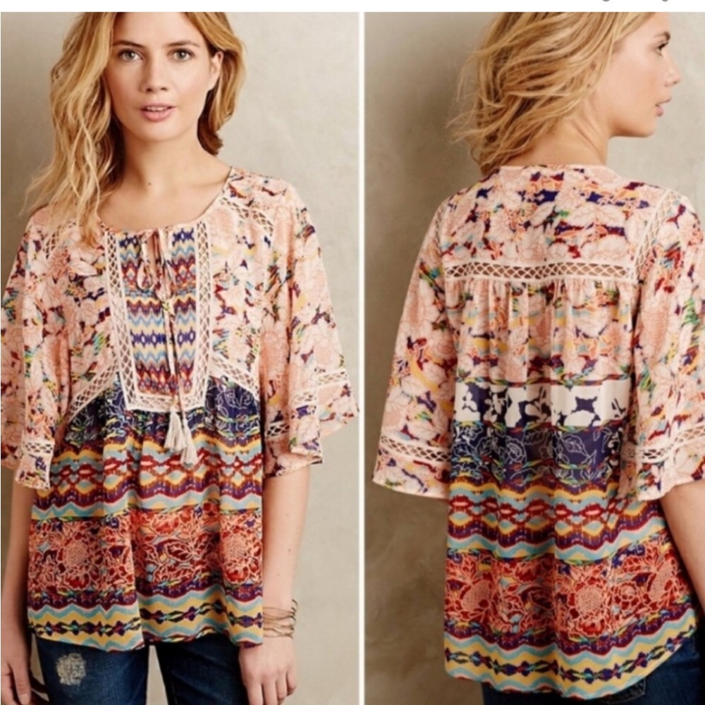 ANTHROPOLOGIE Meadow Rue Flowy Lace Multicolor Floral Bohemian Top